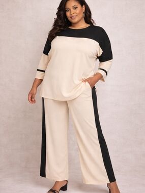 Wynne Layers by Marla Wynne Size 1X 2PC Set Cream Black Tunic  Wide Leg Pants